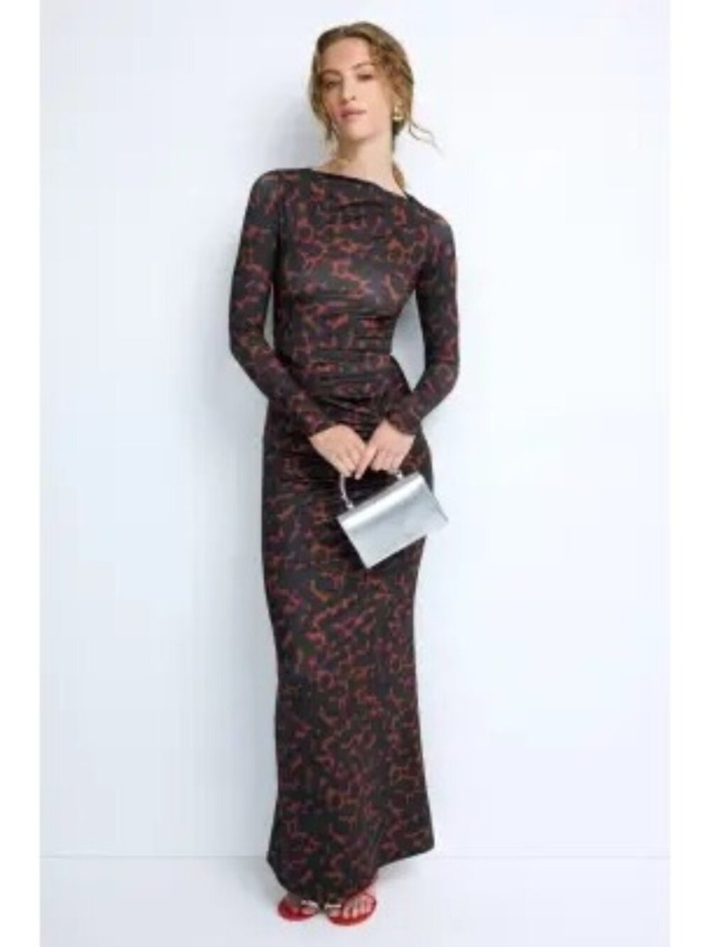 R-203. Suboo Tortoiseshell Long Sleeve Ruched Maxi Dress